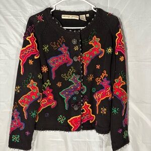 Vtg Michael Simon Sweater Womens 2 Knit Embroidered Beaded Reindeer Cardigan 94